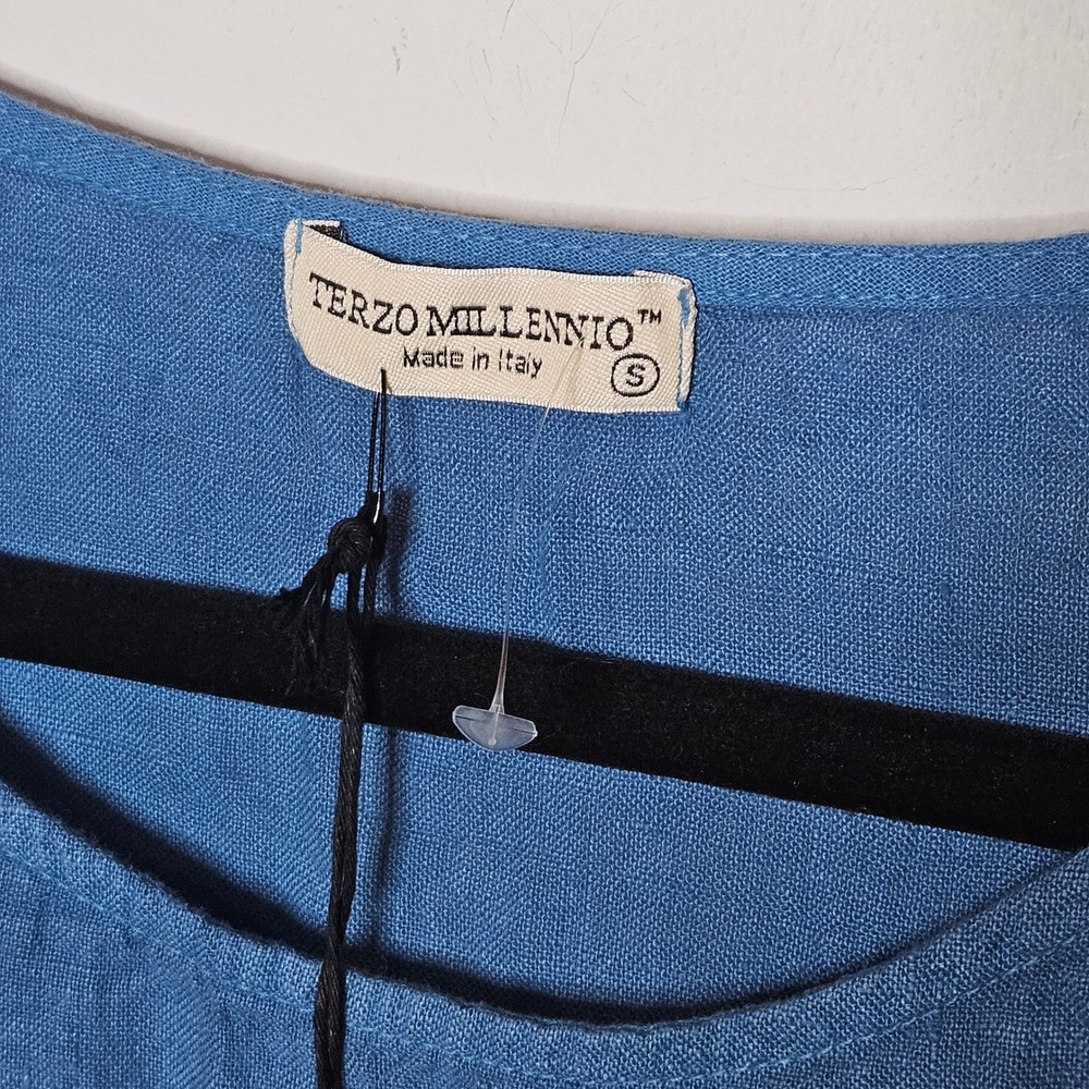 Terzo Millennio NEW Italy Denim Blue Linen Cotton Eyelet Ruffle Top Women Small - Picture 2 of 6